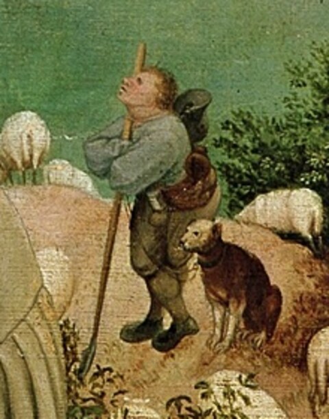 The shepherd leaning on his staff and gazing up at the sky, his sheep and dog around him