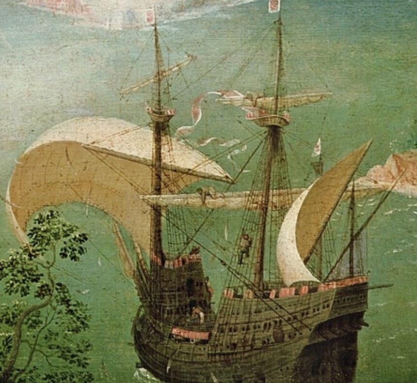 The merchant ship under full sail heading out of the bay