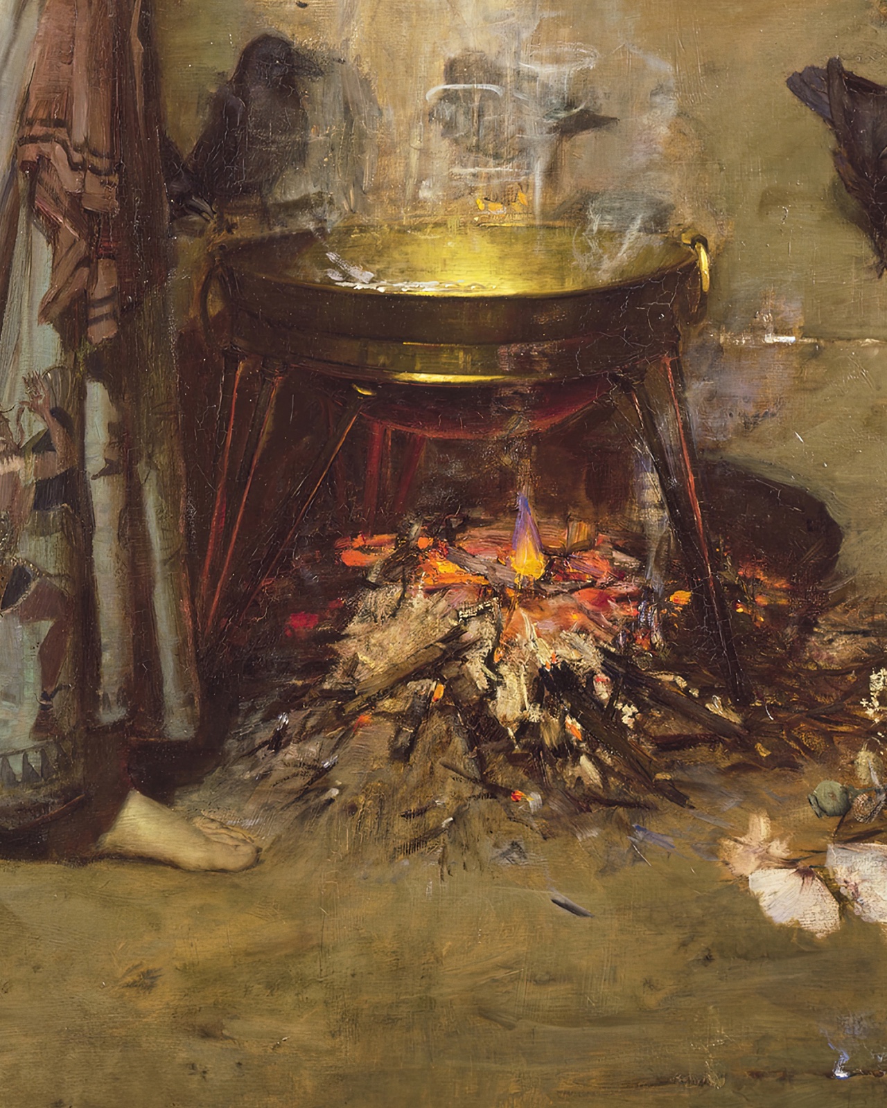 Fire burning beneath the cauldron in The Magic Circle