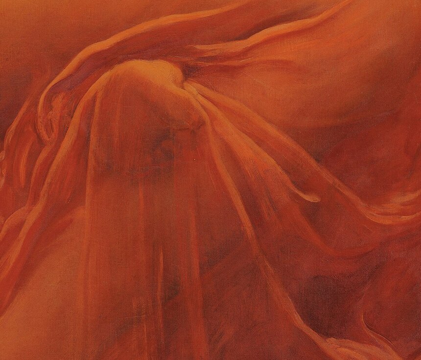 The transparent orange silk stretched over the sleeper's raised knee and thigh