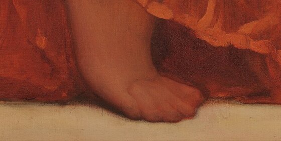 The sleeper's bare feet tucked beneath the orange silk at the bottom of the painting