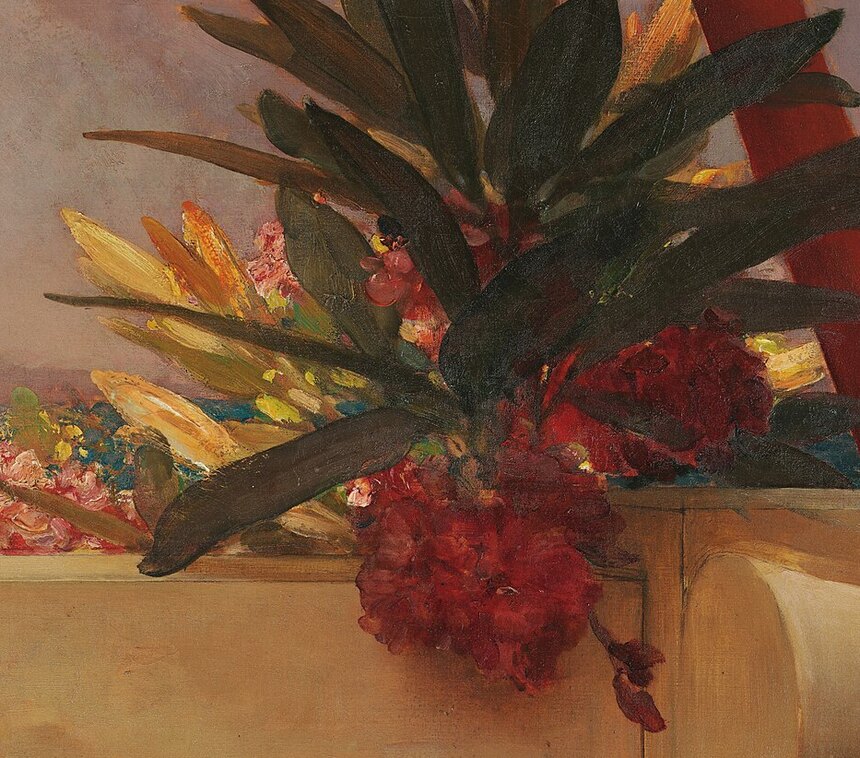 A branch of oleander with pink flowers in the top right corner of the painting