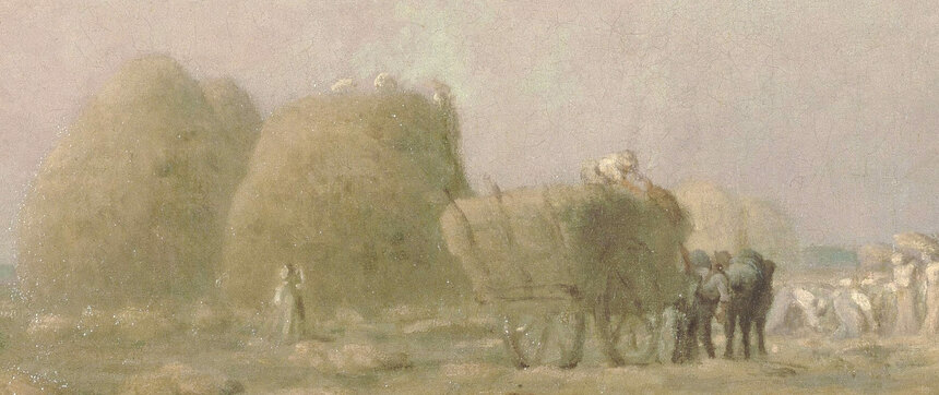Haystacks and a loaded cart of the farm's harvest in the sunlit distance