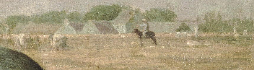 The overseer on horseback at the far right of the painting, watching the harvest