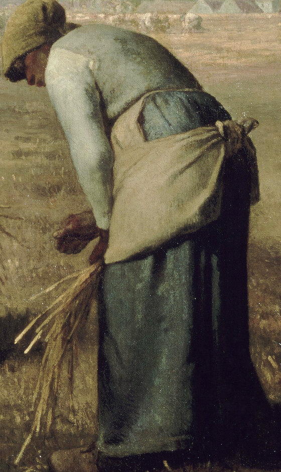 The third gleaner straightening up with a small bundle of stalks in her hand, one hand at her back