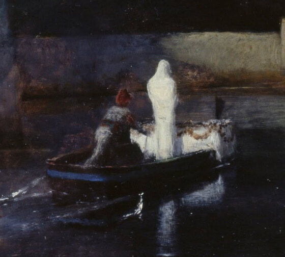 A small rowing boat approaching the island with a standing figure in white and a white-draped coffin in the bow