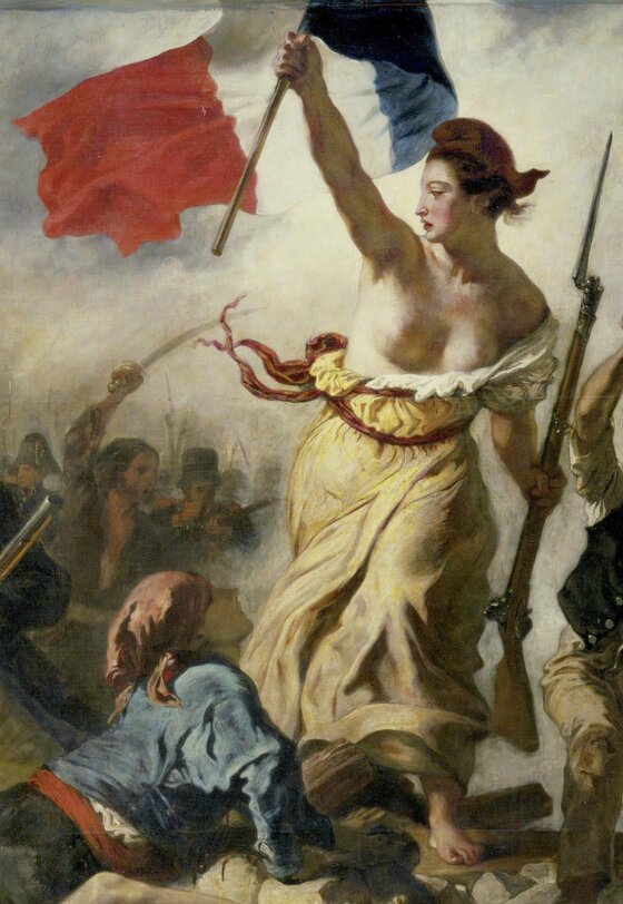 Liberty striding forward over the barricade holding the tricolour and a musket