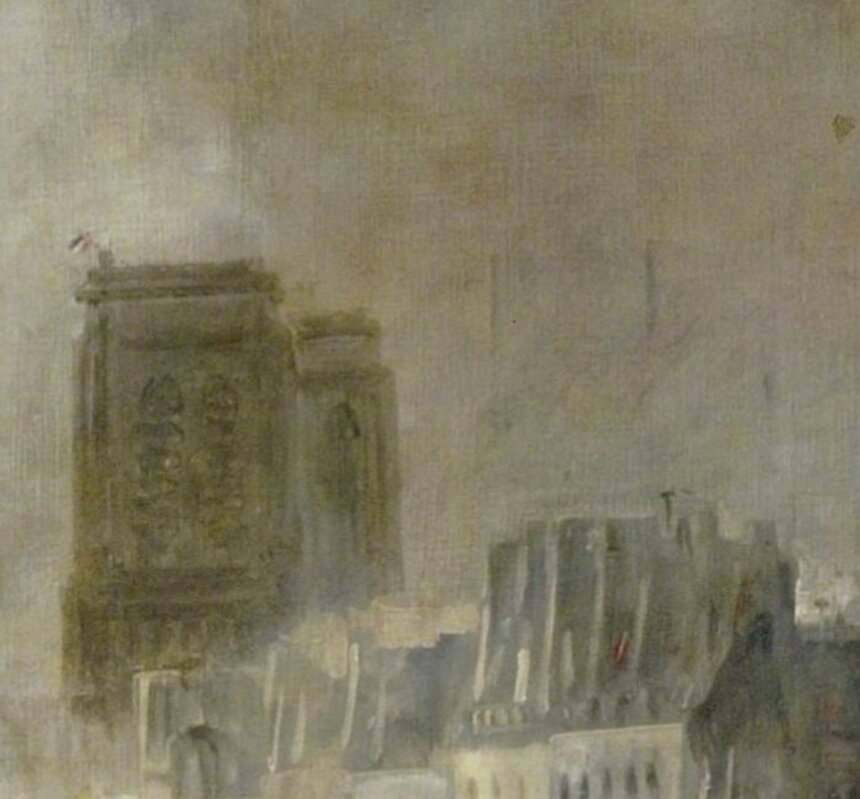 The towers of Notre-Dame seen through smoke with a tricolour flying from the top