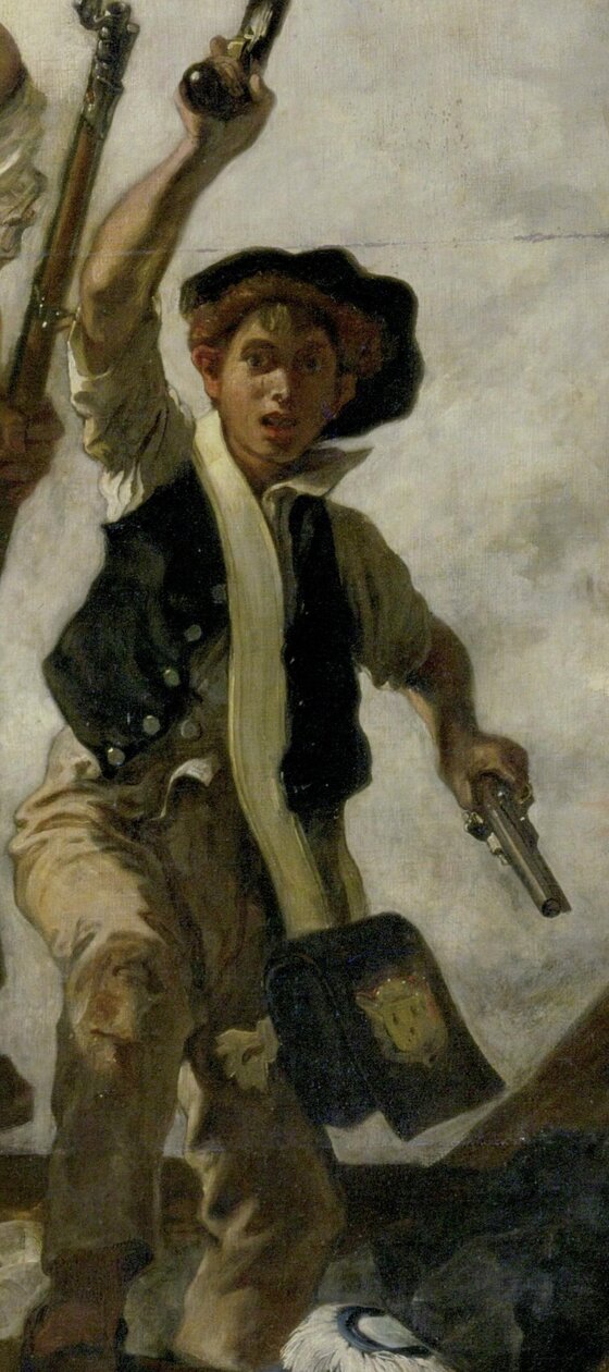 A boy in a beret holding a pistol in each hand, running beside Liberty