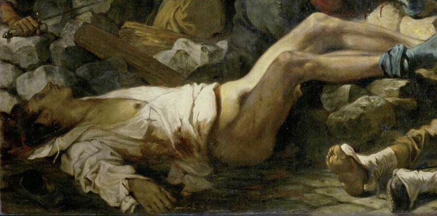 The stripped young man lying dead at the left of the barricade, one sock still on
