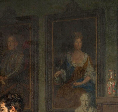 Two large old portraits on the wall, a man in armour and a woman in eighteenth-century dress, looking down on the scene
