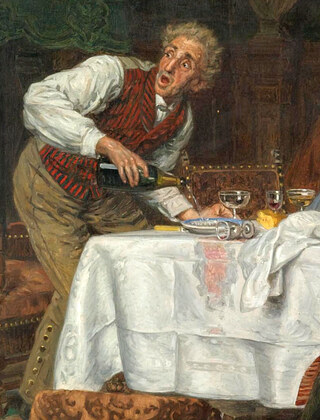 The grey-haired butler in shirtsleeves and a red waistcoat, bent over the table pouring champagne into a glass, his mouth open in shock