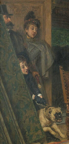 The master in a top hat and the mistress in a feathered hat standing in the doorway at the left, a boy in a cap hiding behind a tapestry screen, and a bulldog pulling forward
