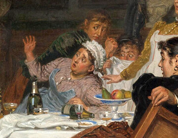 Two maids in caps at the table, one in pink and one in blue, shrieking and shrinking back, with a man in a green cap behind them