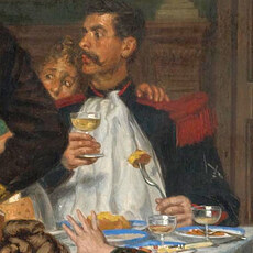 A soldier in a dark uniform with a moustache raising a glass of champagne, and a young man beside him holding up a napkin