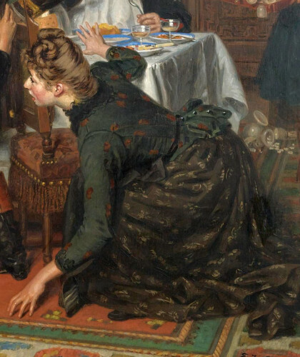 A young woman in a dark dress crouched on the carpet at the right, one hand on the floor, looking back over her shoulder