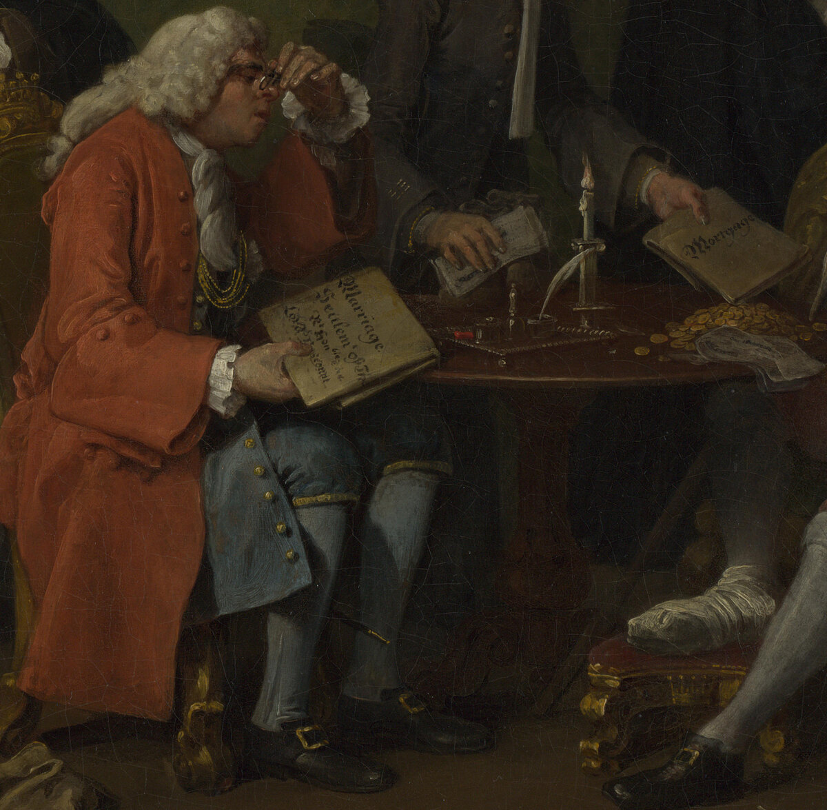 The Alderman reading the settlement through his spectacles, the gold coins and bags of money on the table, a bond being handed across