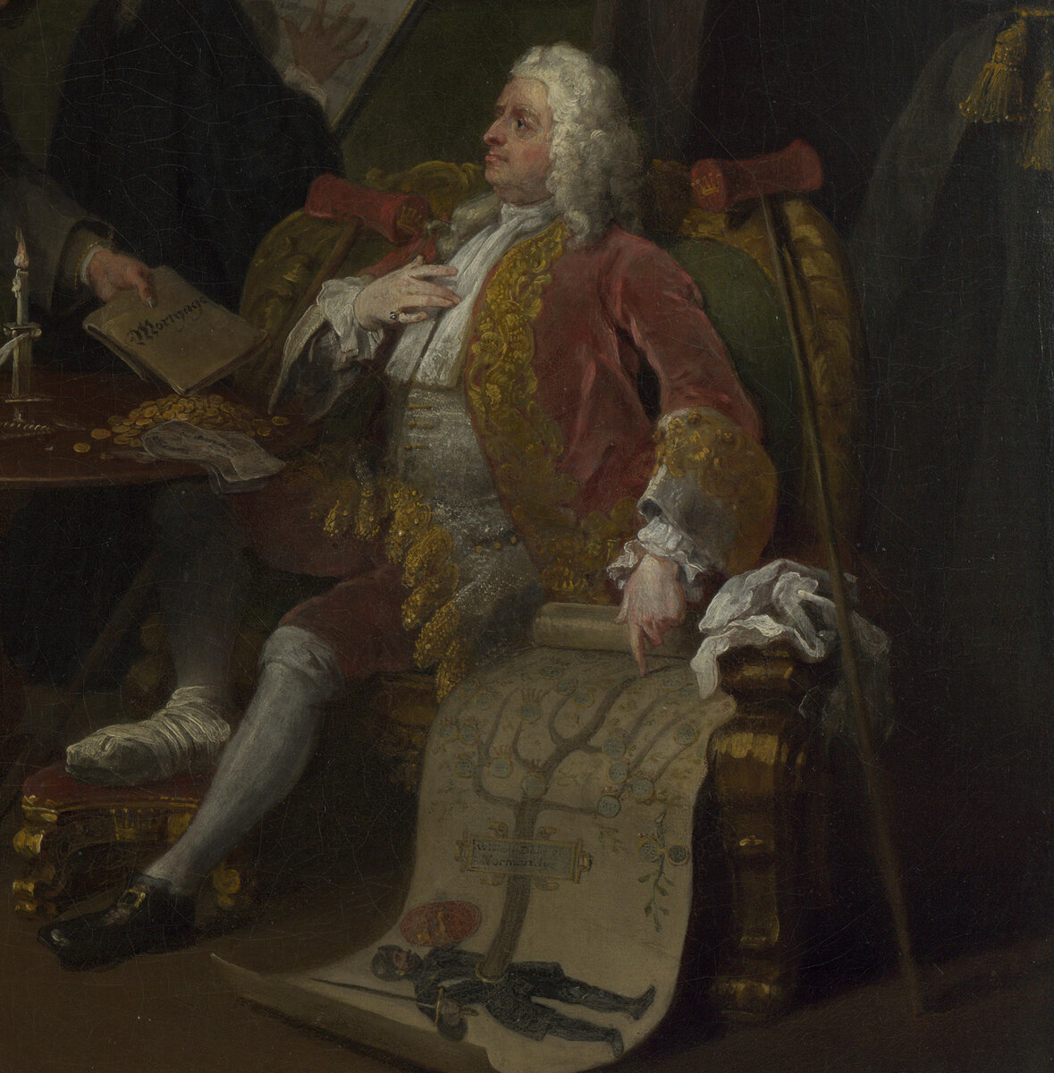 The Earl of Squander in his red coat pointing at a family tree that unrolls to the floor, his bandaged gouty foot on a stool