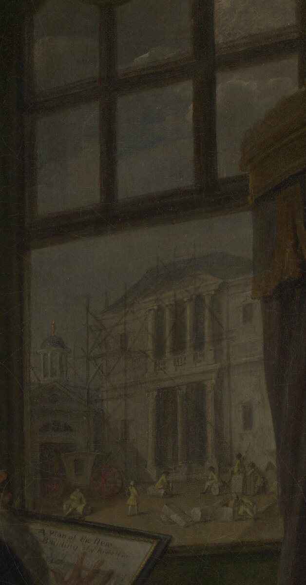 Through the window, a large Palladian house under construction with scaffolding and idle workmen