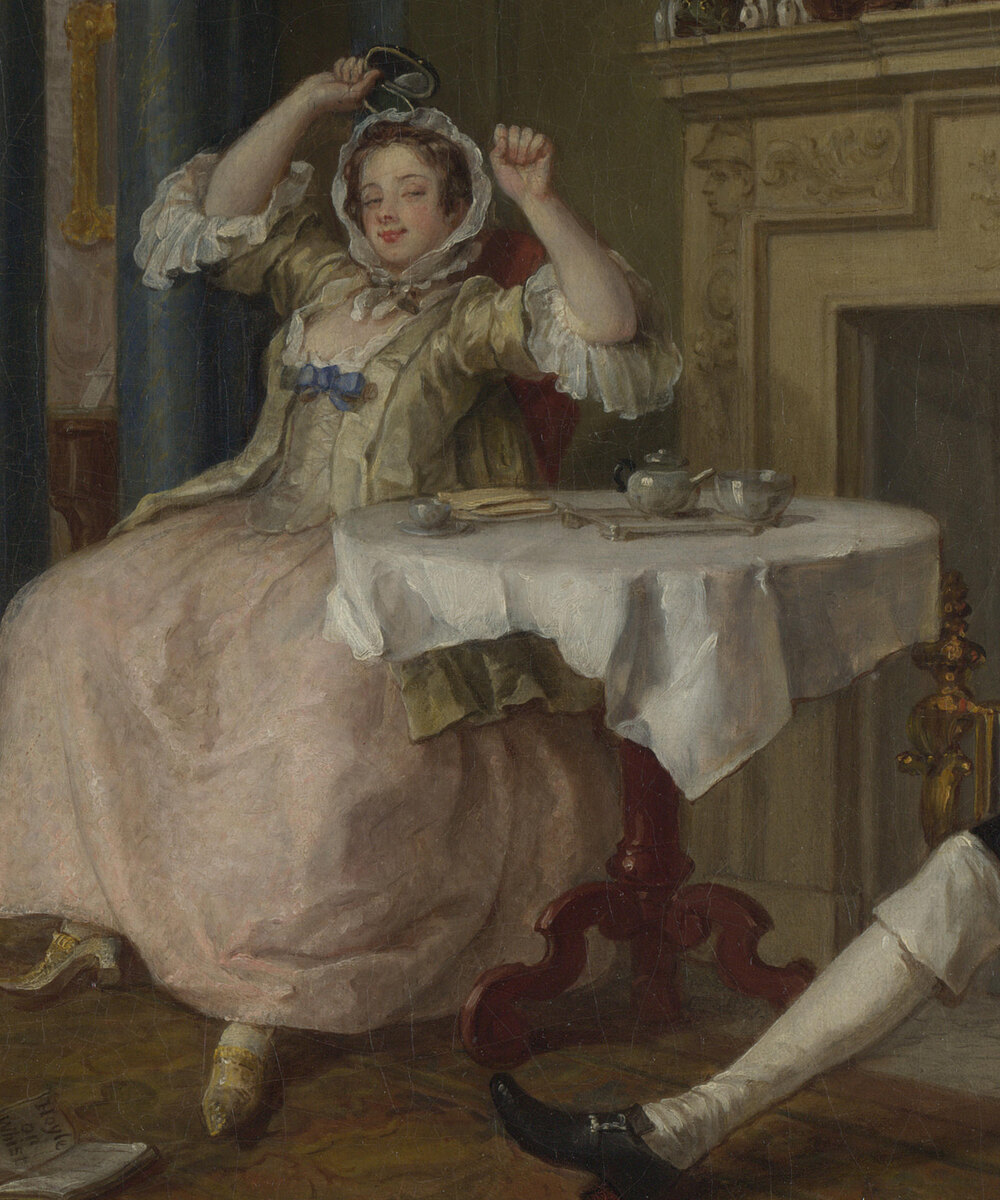 The Countess in a pink gown stretching her arms over her head with a sly smile, a tea table beside her