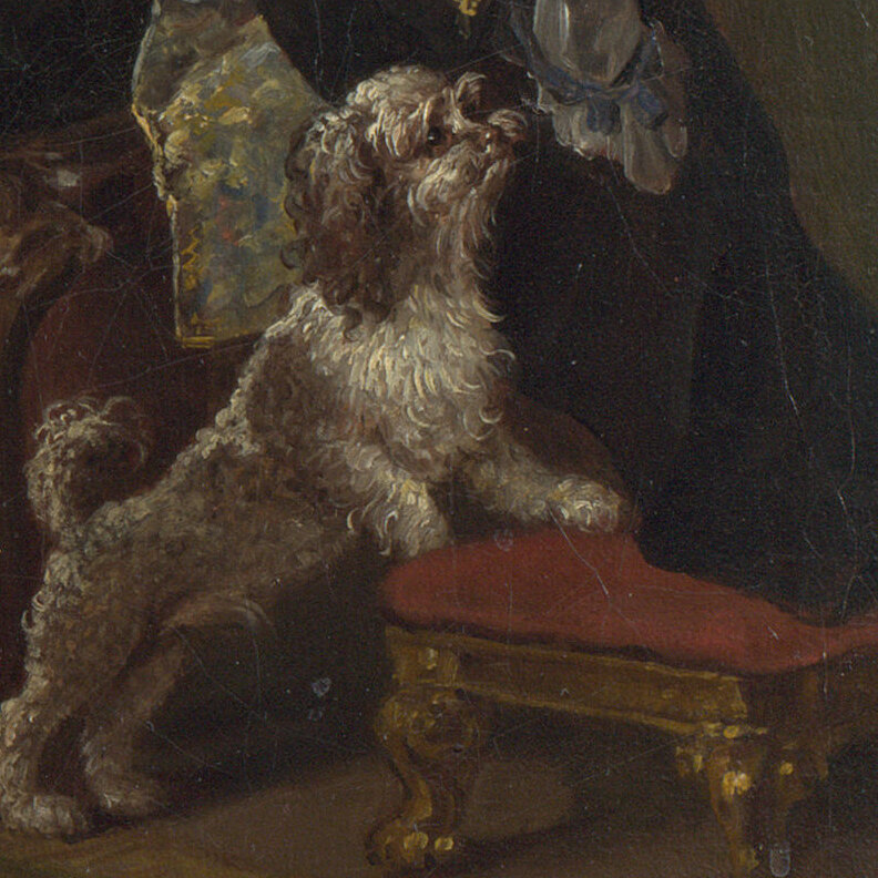 A small dog with its nose in the Viscount's coat pocket, pulling out a woman's lace cap