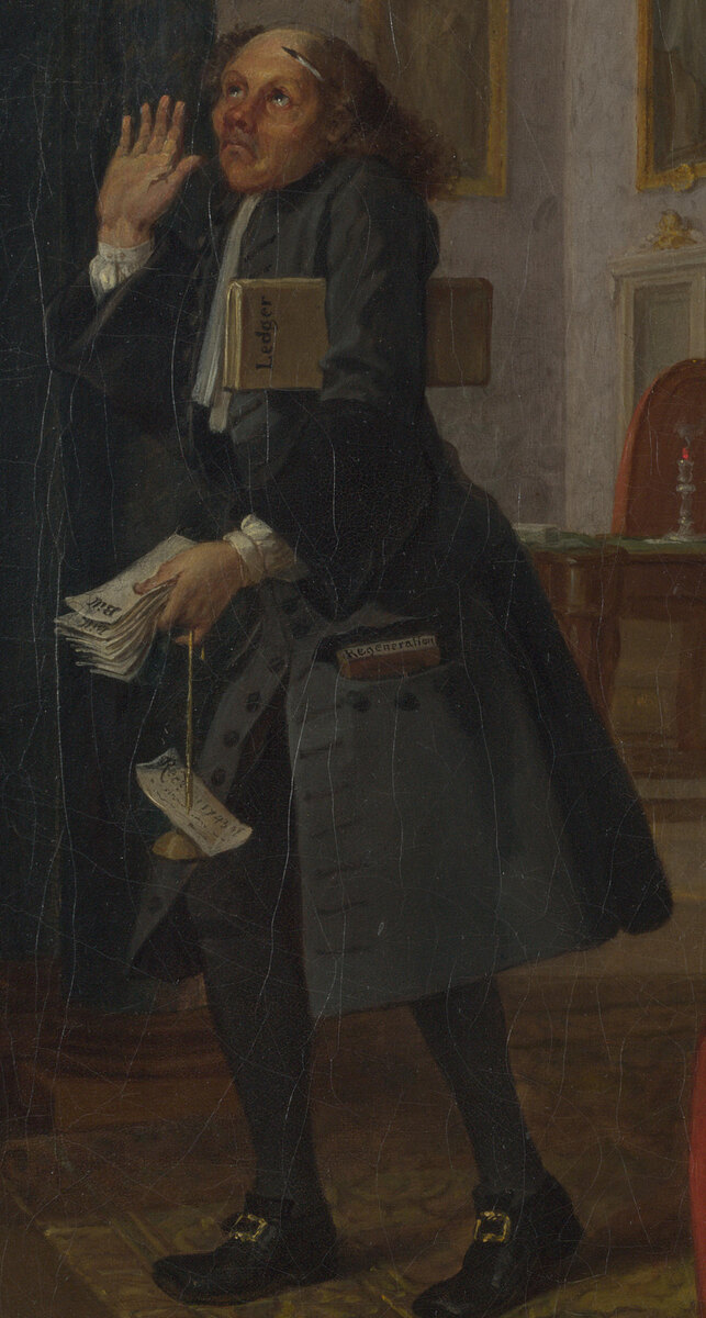 The steward in a plain coat walking out with a bundle of bills in one hand, one receipt hanging from them, his other hand raised in despair