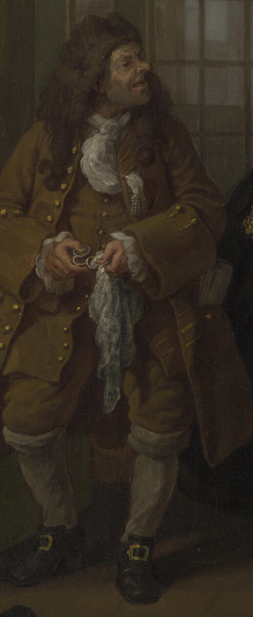 The quack doctor in a brown coat and old-fashioned wig polishing his spectacles with a handkerchief, looking sideways at the Viscount