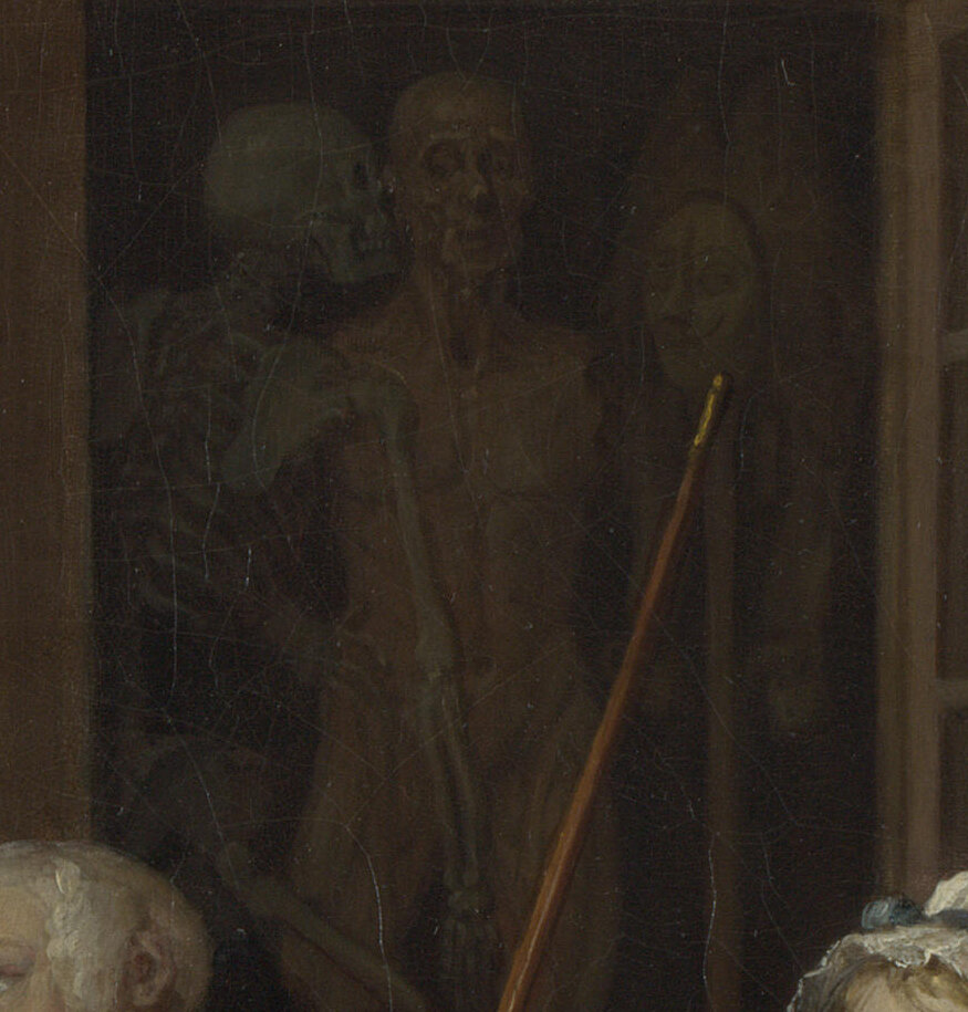 A cupboard with a skeleton leaning toward a flayed anatomical figure, as if whispering to it