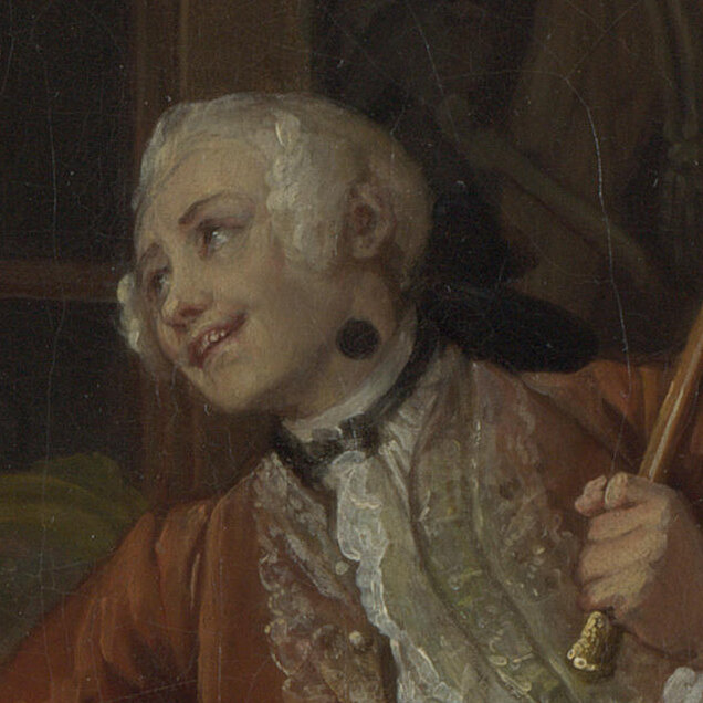 Close view of the Viscount's smiling face with a large black patch on the side of his neck