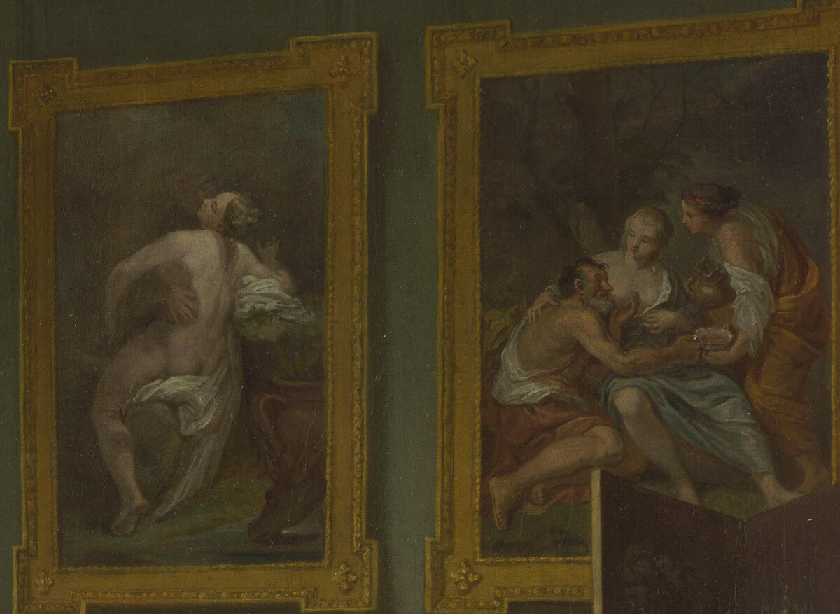 Two paintings on the wall: Jupiter as a cloud embracing Io, and Lot being made drunk by his daughters