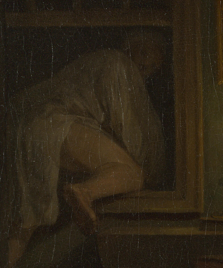 Silvertongue in his nightshirt climbing out of the window, one leg over the sill