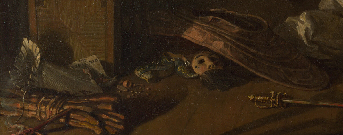 Two masks, a hooded costume, a bundle of firewood and a bill on the floor of the bagnio