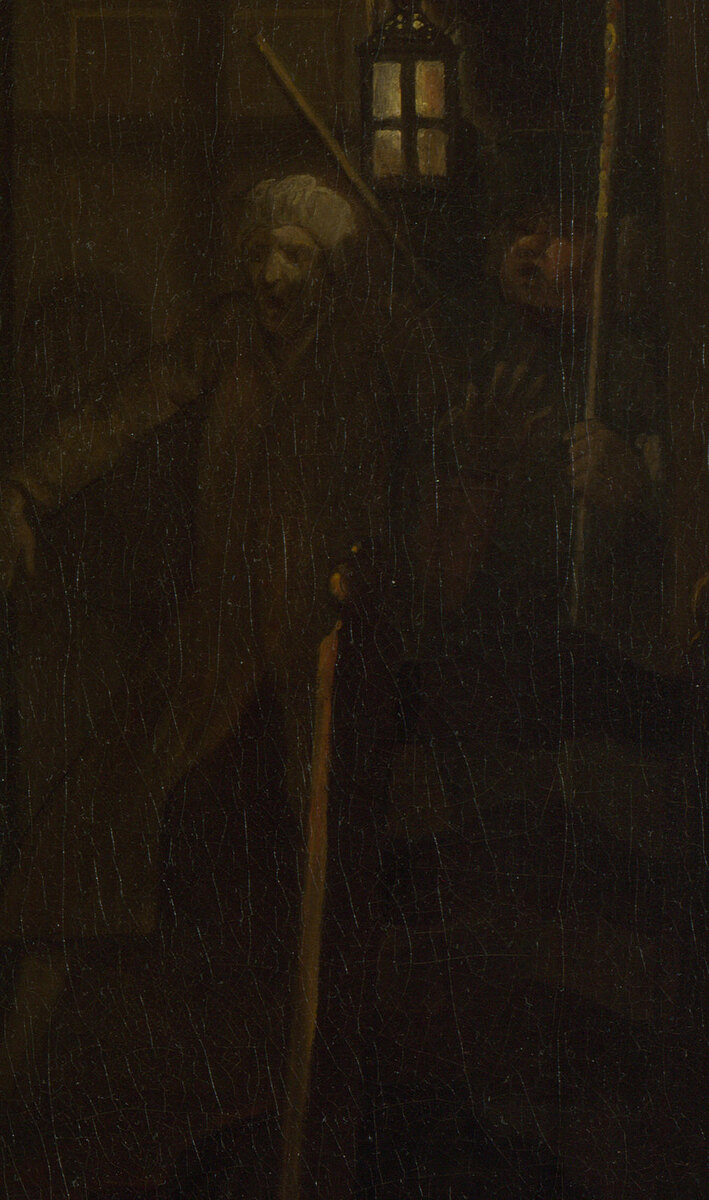 A night watchman in a turban-like cap and the landlord at the door holding a lantern and a staff, peering in
