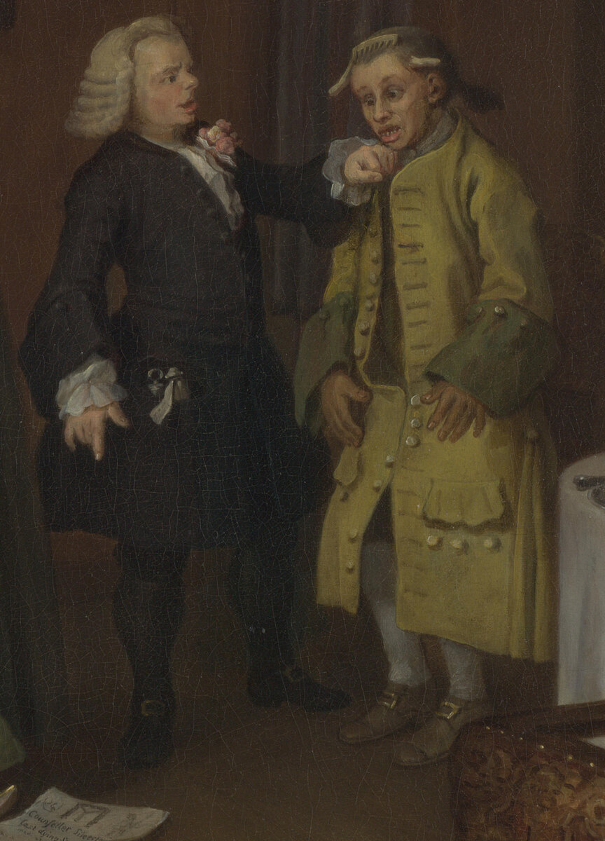 The apothecary in a black coat shouting at a simple-looking servant in a yellow coat who has fetched the laudanum