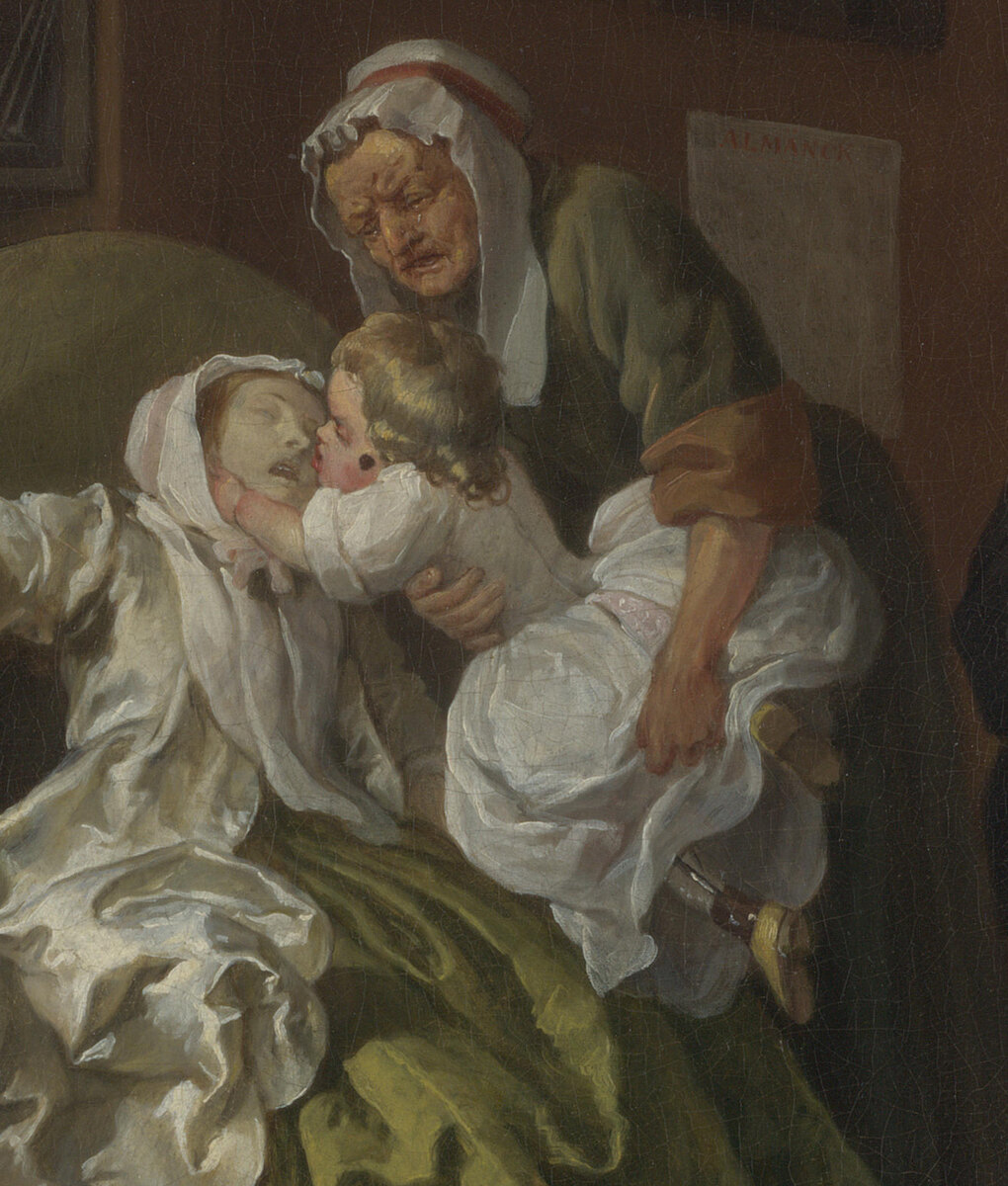 An old nurse in a white cap lifting a small child in white to kiss the dying Countess, the child wearing a leg brace and a black patch on its cheek