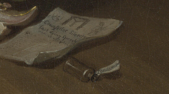 A pamphlet on the floor titled Counsellor Silvertongue's Last Dying Speech, with an empty laudanum bottle beside it