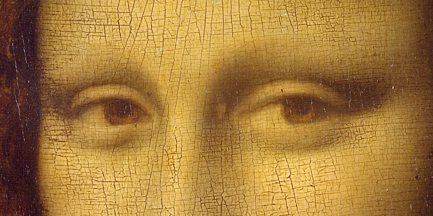 The Mona Lisa's eyes in close-up, without eyebrows or eyelashes
