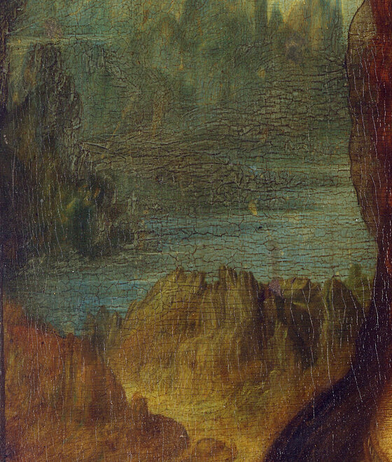 The landscape to the left of the Mona Lisa, a winding road between rocks and a lake