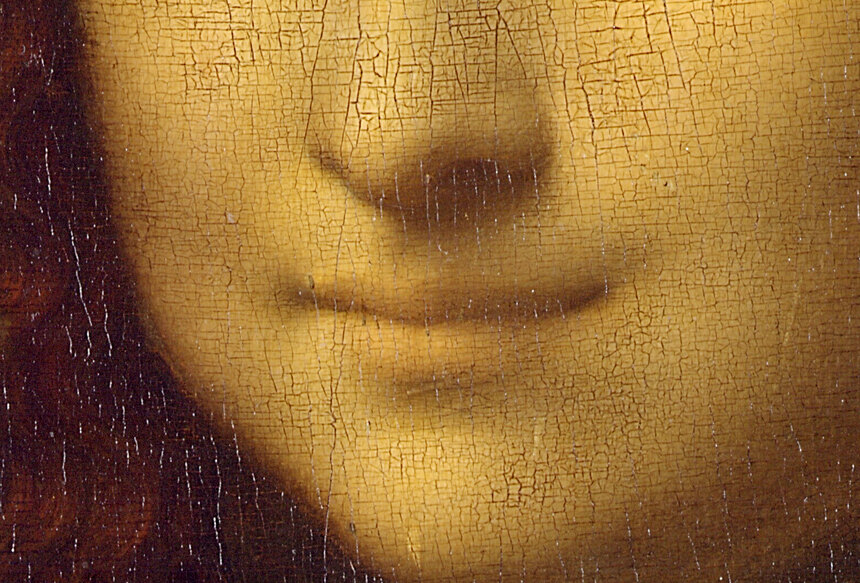 The Mona Lisa's mouth and chin in close-up, the corners of the lips softened into shadow