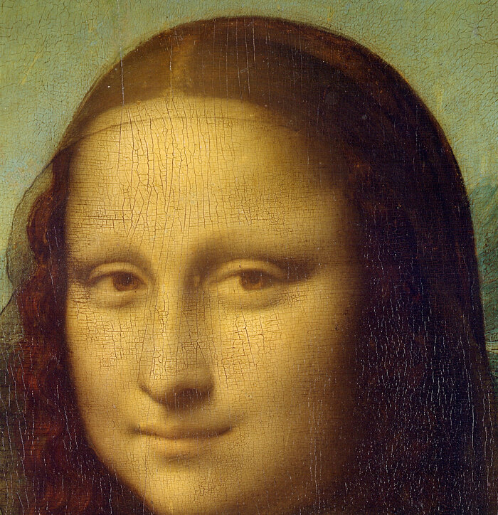 The dark veil over the Mona Lisa's hair and the loose hair falling over her shoulder