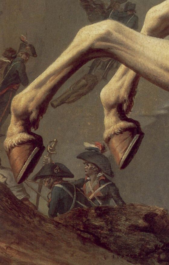 Soldiers climbing the pass under a flag, seen between the horse's hooves