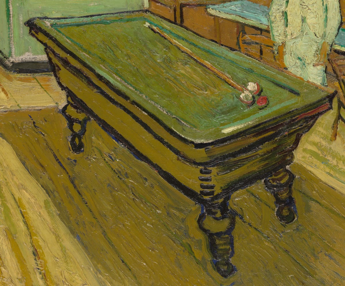 The green billiard table with a cue and two balls, its dark shadow falling across the yellow floorboards
