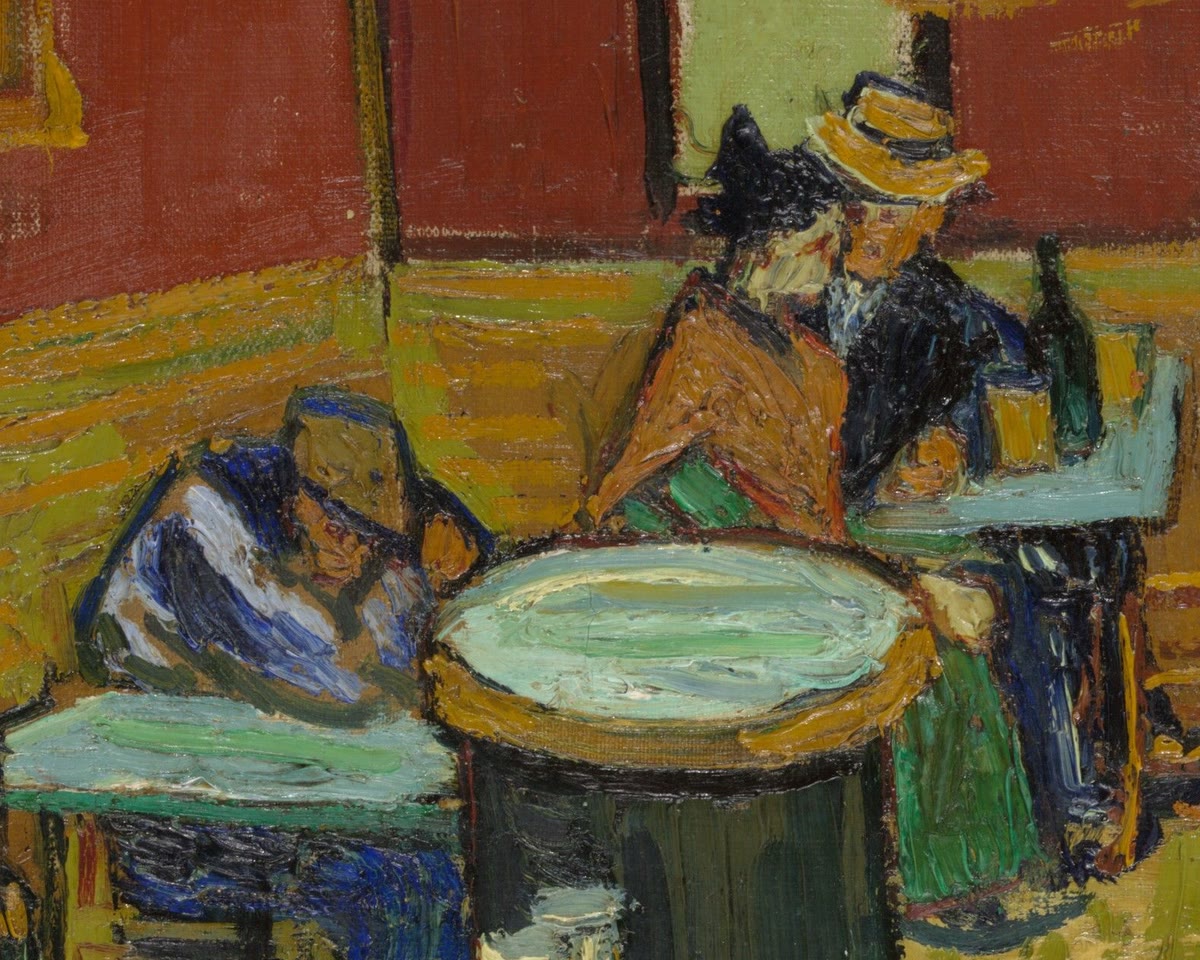 A couple sitting close together at a table in the corner, a man in a straw hat and a woman in a brown shawl, beside a sleeping man in blue