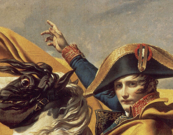 Napoleon's calm face turned toward the viewer, his gloved hand pointing up the mountain