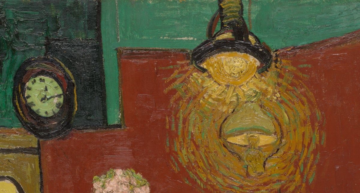 The clock on the back wall and a gas lamp hanging from the ceiling, surrounded by rings of yellow and orange strokes on the red wall