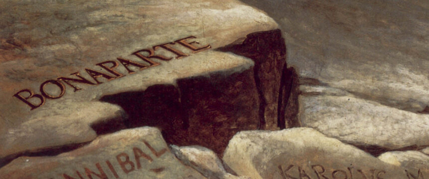 The rocks at the bottom left carved with the names BONAPARTE, ANNIBAL and KAROLUS MAGNUS