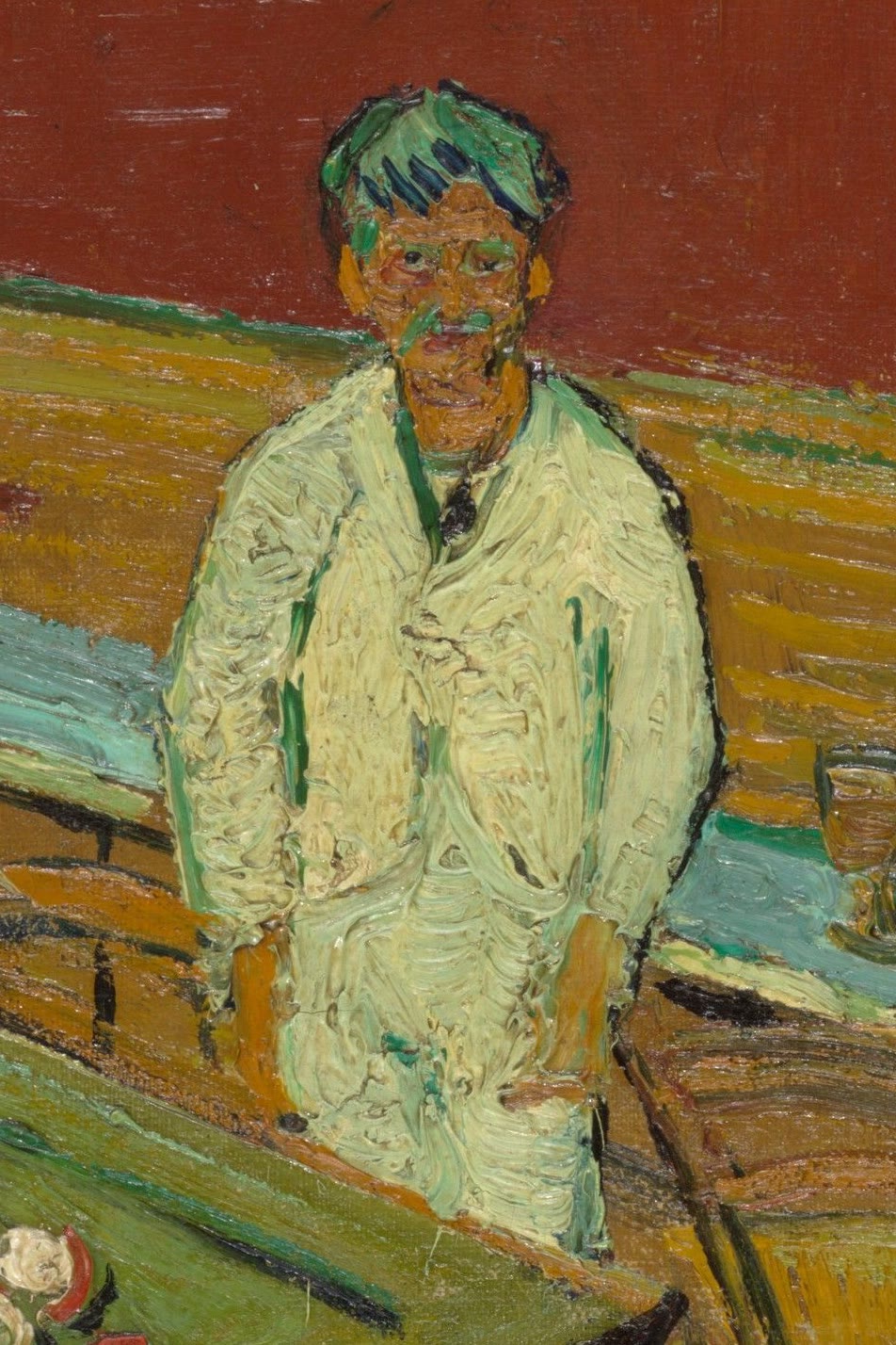 A man in a pale white coat with a green cap standing beside the billiard table and looking out of the painting