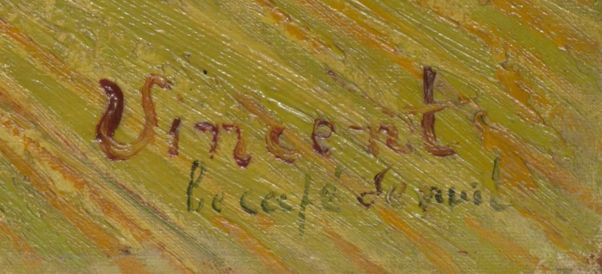 Van Gogh's signature Vincent in red paint on the yellow floor, with the words le café de nuit written below it