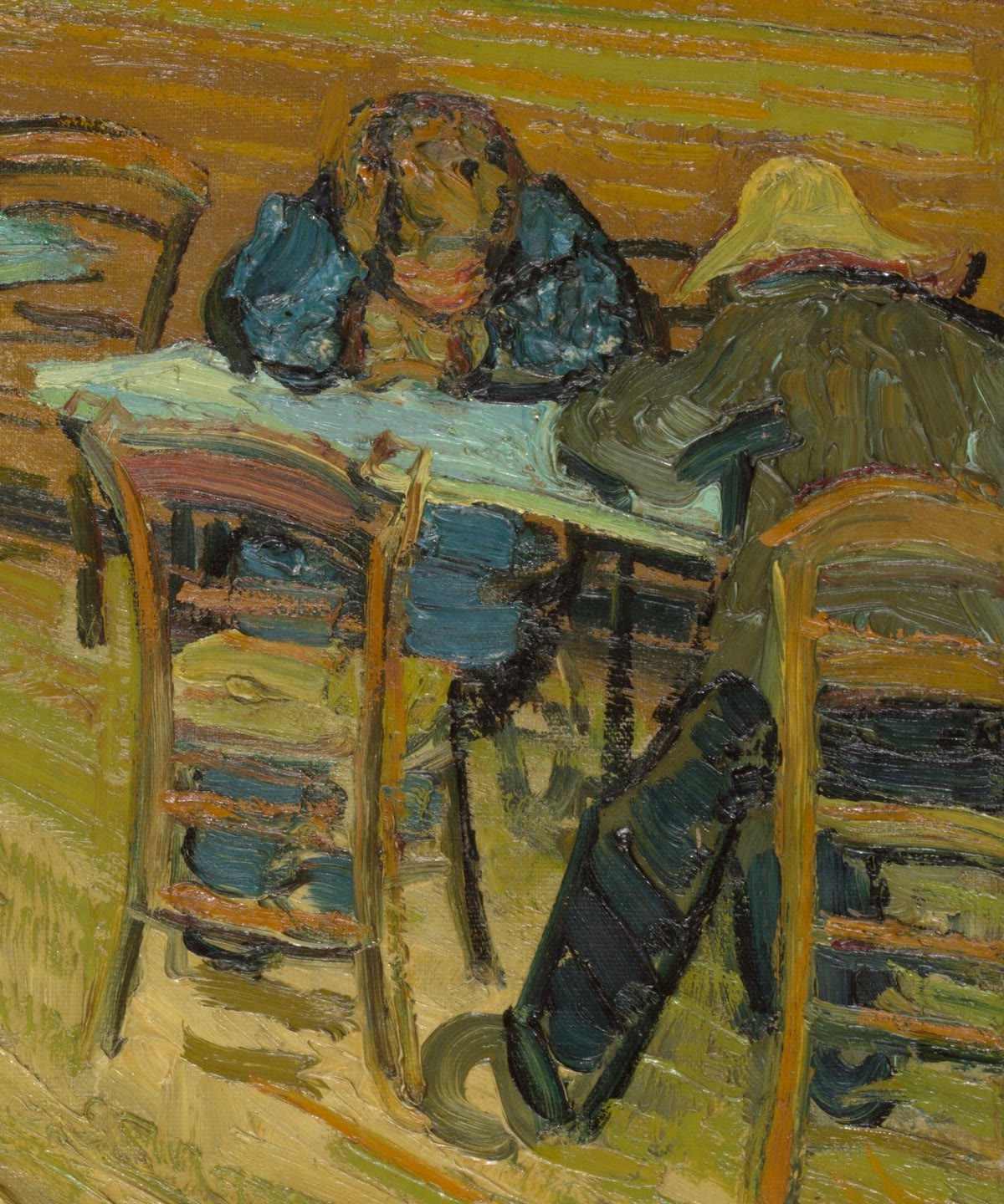 Two men asleep at a table on the right side of the café, one in a blue jacket and one in a straw hat