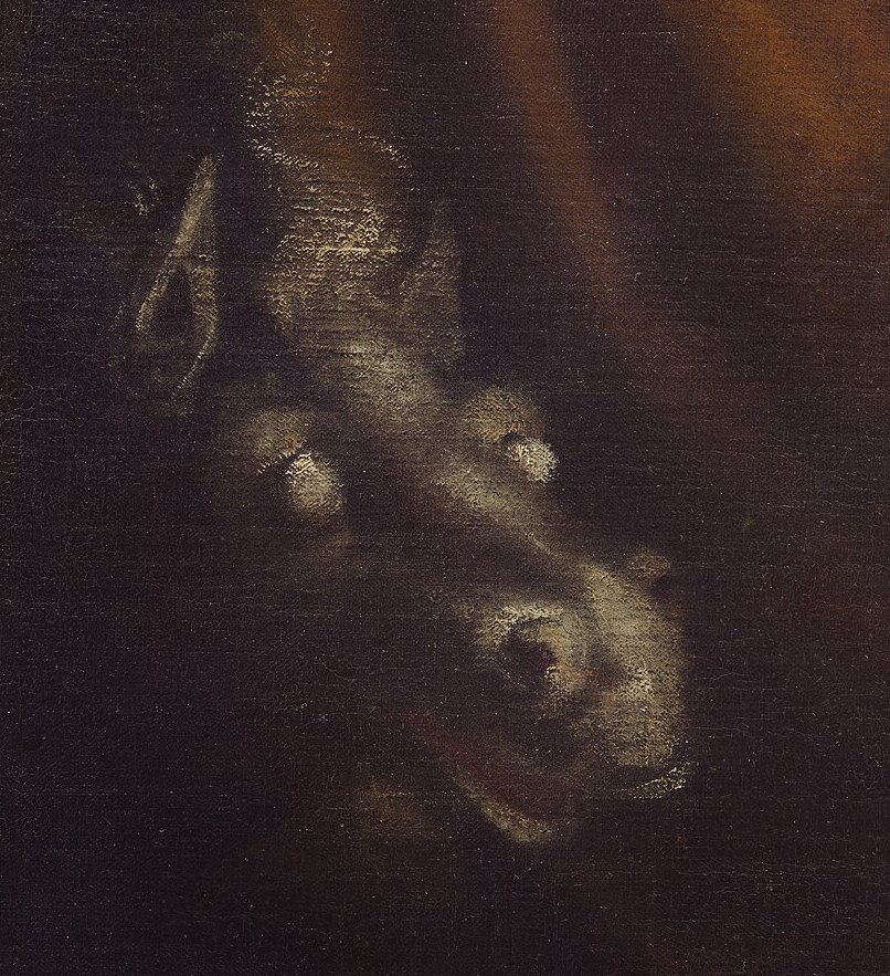A horse's head with white blind eyes pushing through the red curtain behind the bed